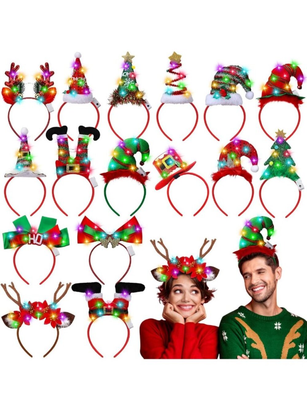 16 Pcs LED Christmas Headbands - Light Up Xmas Tree, Reindeer & Elf Hats for